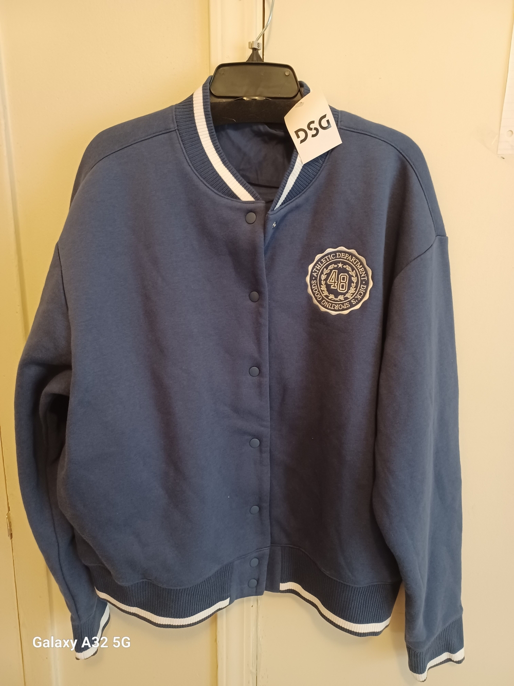 DSG Blue Varsity-Style Bomber Jacket with White Trim
